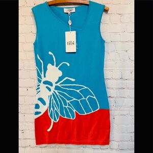 ❤️ TIBI ❤️ COLLECTION GORGEOUS WHITE BUTTERFLY DESIGN BLUE & RED LUXURY DRESS .